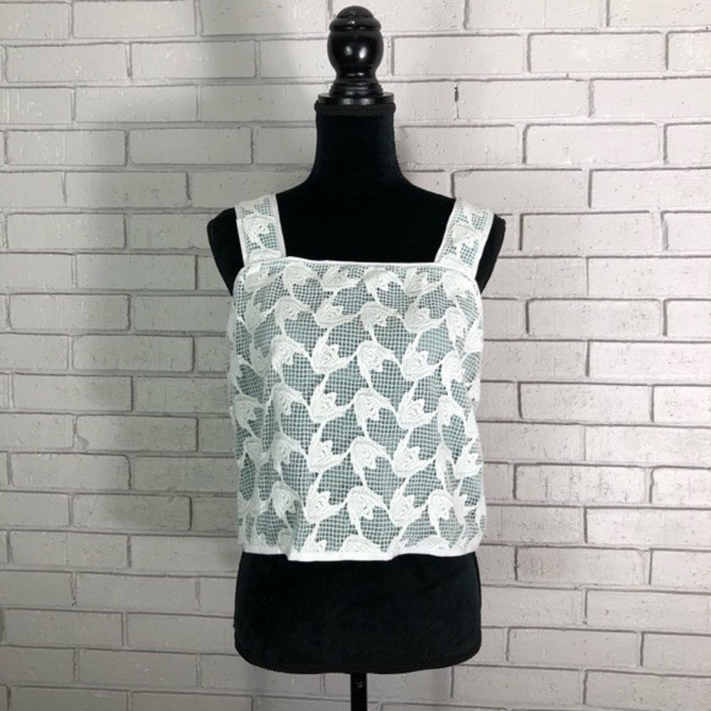 Tory Burch Lexi White Lace Crop Top Sage Green Square Neck Button Back NWT M
